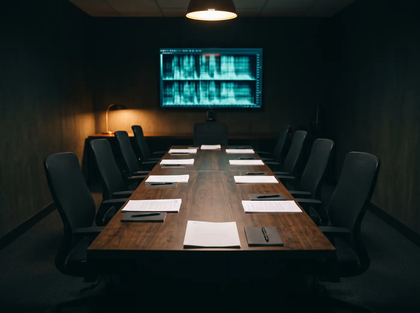 Sala de reuniones preparada para una formación, con una pantalla que muestra un espectrograma
