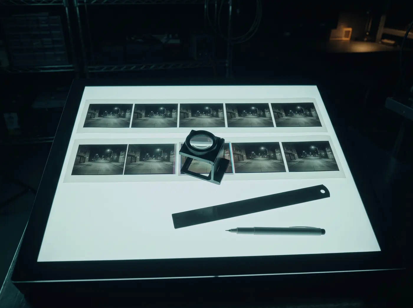 Lupa de fotógrafo sobre una tira de fotogramas de vídeo en una mesa de luz, señalando el fotograma manipulado